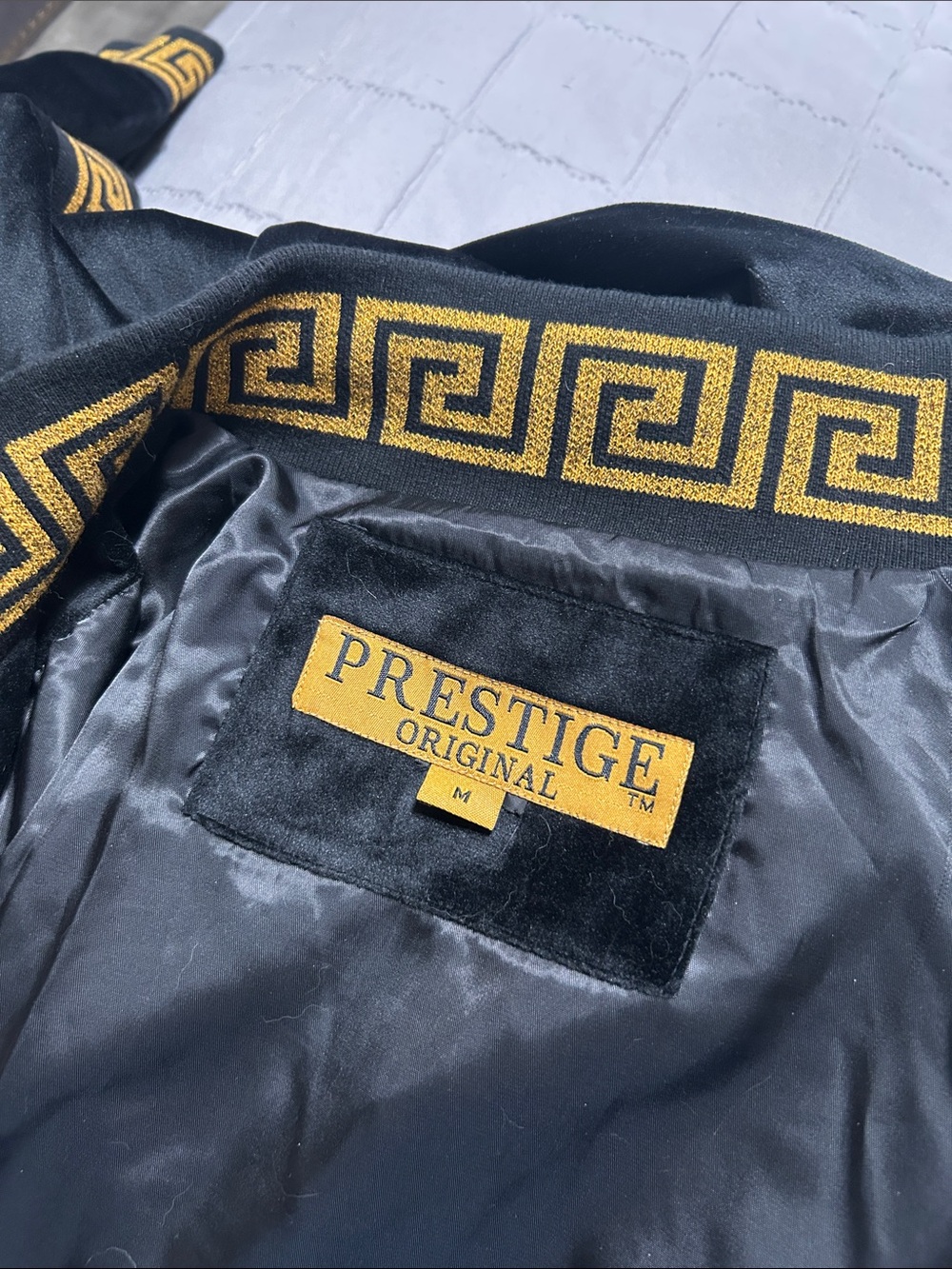 Black Velvet Bomber Jacket with Gold Greek Key Trim - Picture 8 of 10